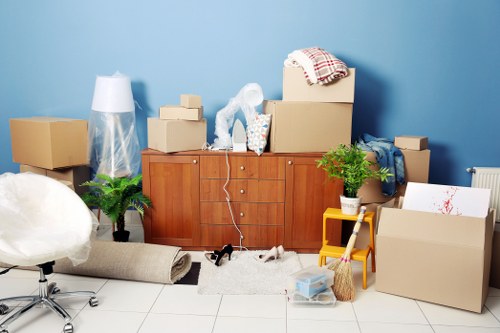 Packed boxes and bicycle arranged for student storage